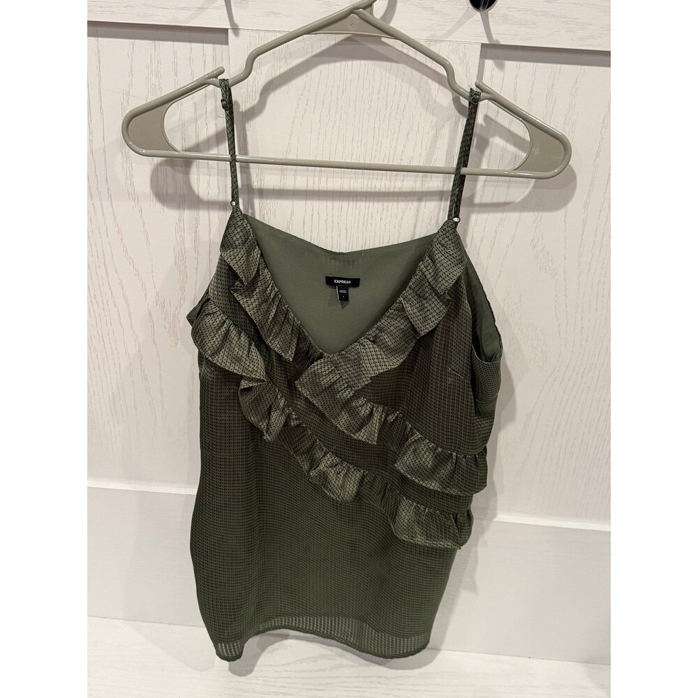 Express green black polka dot ruffle tank top size large